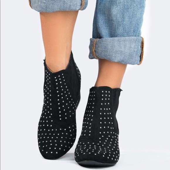 Black Studded Kitten Block Heel Ankle Booties - Picture 2 of 8